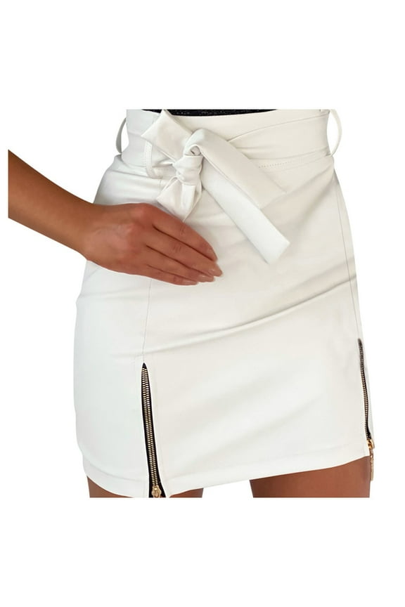 Skirts for Women Solid Mini Summer Skirt Party Casual Loose Fashion Belt Bodycon Zipper Leather Skirt White M