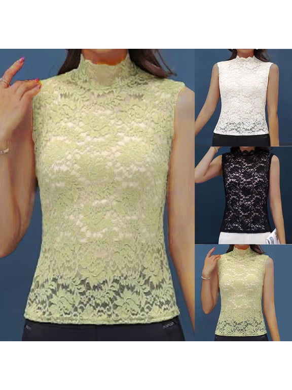 Slim Lace High‑Neck Sleeveless Shell Top With Flared Hem Stretch Knit Fit Delicate Lace Trim Elegant Layering Piece For Work And Weekend Wear, Sleeveless Top Black M