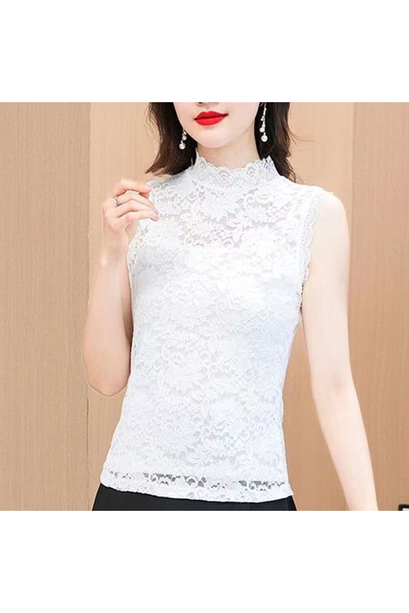 Slim Lace High‑Neck Sleeveless Shell Top With Flared Hem Stretch Knit Fit Delicate Lace Trim Elegant Layering Piece For Work And Weekend Wear, Sleeveless Top White M