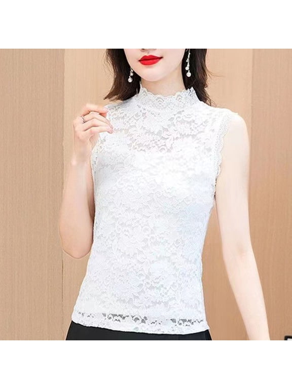 Slim Lace High‑Neck Sleeveless Shell Top With Flared Hem Stretch Knit Fit Delicate Lace Trim Elegant Layering Piece For Work And Weekend Wear, Sleeveless Top White XXXL