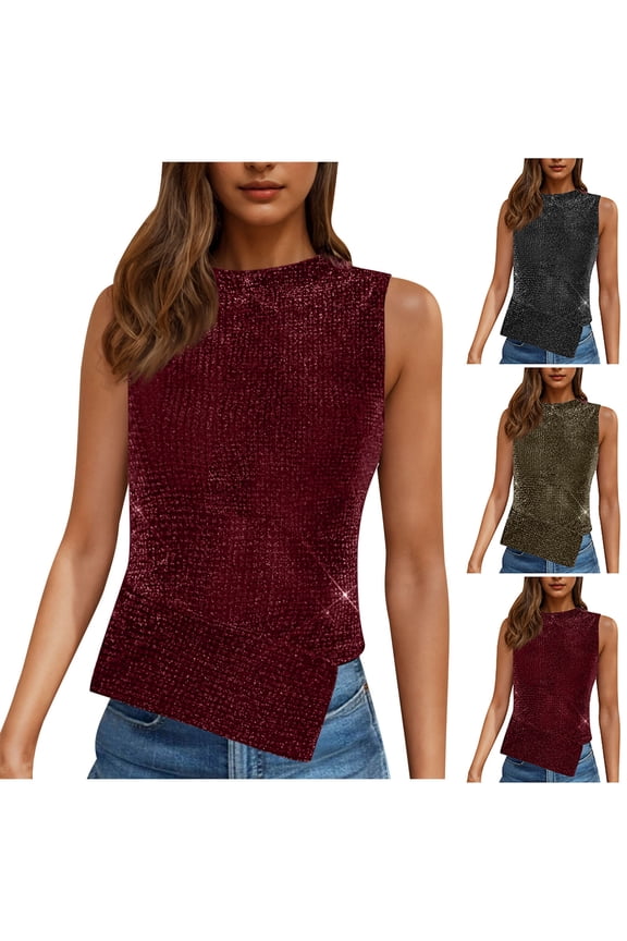 Sparkle Thread Color‑Match Round‑Neck Tank Metallic Yarn Shimmer Lightweight Breathable Soft Knit Relaxed Fit Festive Yet Casual Versatile For Summer Party Beach Brunch Travel, Tank Top Gold L