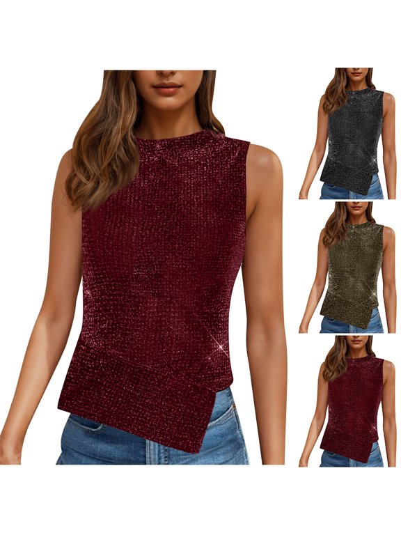 Sparkle Thread Color‑Match Round‑Neck Tank Metallic Yarn Shimmer Lightweight Breathable Soft Knit Relaxed Fit Festive Yet Casual Versatile For Summer Party Beach Brunch Travel, Tank Top Gold L