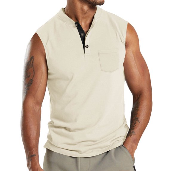 Dianli Summer Fitness Mens Muscle Tank Top Versatile Button Pocket Sleeveless Round Neck Thin Solid Color Leisure T-Shirt Breathable Lightweight Athletic Tank for Gym Casual Wear Summer Fitness