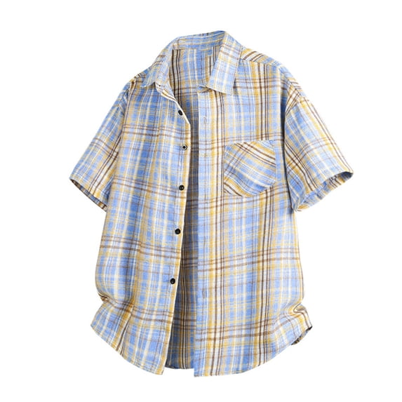 Dianli Summer Men's Short Sleeve Button-up Checkered Lapel Pocket Shirt Vintage Beach Thin Breathable Lightweight Cotton-Blend Button-Front Casual Vacation Travel Shirt Summer