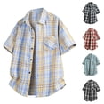 thumbnail image 1 of Dianli Summer Men's Short Sleeve Button-up Checkered Lapel Pocket Shirt Vintage Beach Thin Breathable Lightweight Cotton-Blend Button-Front Casual Vacation Travel Shirt Summer, 1 of 4