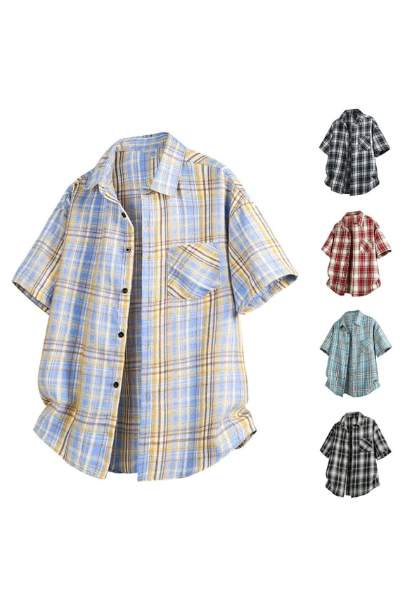 Summer Men's Short Sleeve Button-up Checkered Lapel Pocket Shirt Vintage Beach Thin Breathable Lightweight Cotton-Blend Button-Front Casual Vacation Travel Shirt Summer