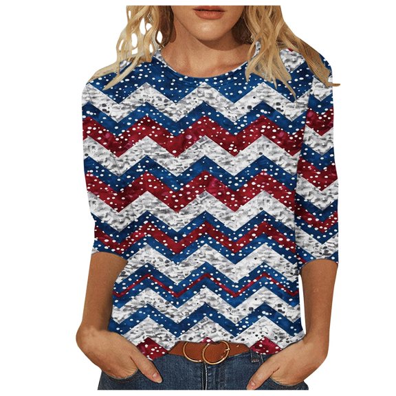 Dianli Summer Tops for Women Trendy Women's 3/4 Sleeve Shirts Sunflower Print Round Neck Loose Tops Comfy Soft Blouses Summer Casual Pullover 4th of July Tops