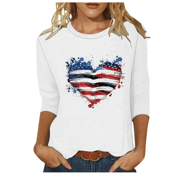 Dianli Summer Tops for Women Trendy Women's 3/4 Sleeve Shirts Sunflower Print Round Neck Loose Tops Comfy Soft Blouses Summer Casual Pullover 4th of July Tops