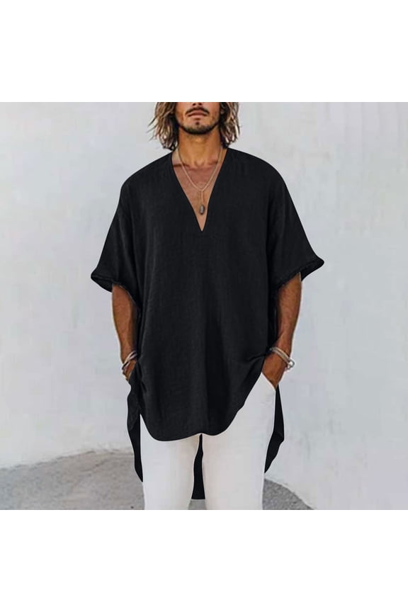 Summer Travel Men's Loose V Neck Short Sleeve Cotton Linen Tunic Shirt with Single Pocket Relaxed Fit Breathable Lapel Top Lightweight Casual Beach