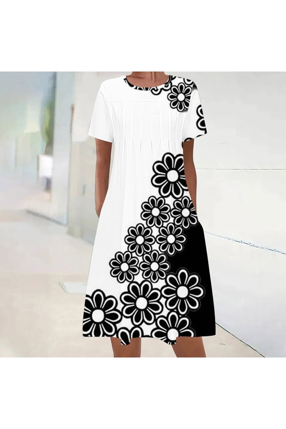 Sun Dresses Women Summer Casual Short Sleeve Tunic Shirt Midi for Women Daisy Print Plus Size Dress for Women Round Neck Graduation Dress