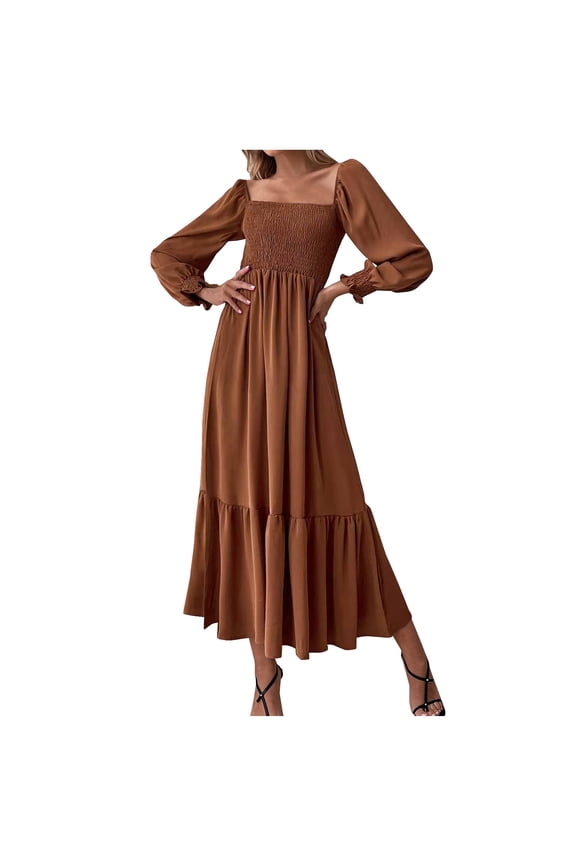 Sundress for Women Square Neck Solid Long Sleeve A-Line Dress Fashion Bubble Flounce Sleeve High Waist Women's Sun Dress Pleated Layer Flowy Dress Dresses Coffee M