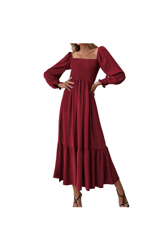 Sundress for Women Square Neck Solid Long Sleeve A-Line Dress Fashion Bubble Flounce Sleeve High Waist Women's Sun Dress Pleated Layer Flowy Dress Dresses Red XL
