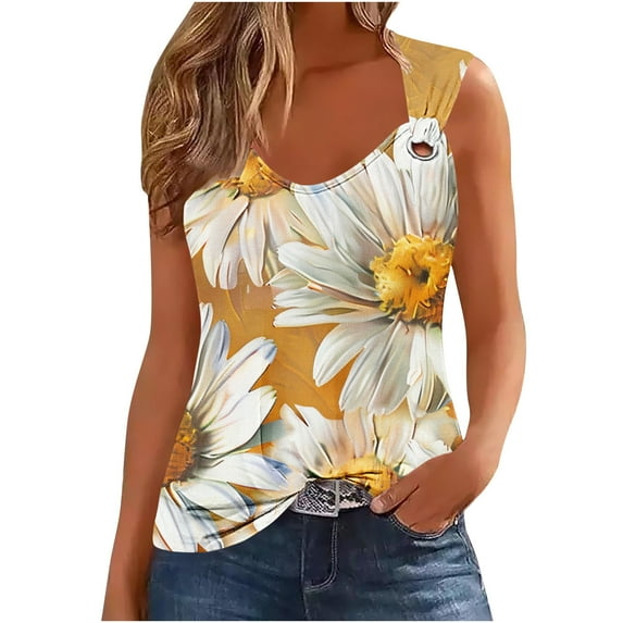Dianli Tank Top for Women Metal Ring Camisole Blouses Holiday Womens Tank Tops Sleeveless Crewneck Floral Print Womens Tops S-XXL Womens Tops