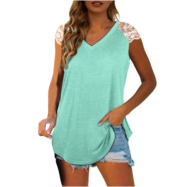 Dianli Tank Tops Sleeveless Solid V-Neck T Shirts for Women Summer Breathable Loose Ladies Workout Vest Blouse Going Out Tops Light Blue L