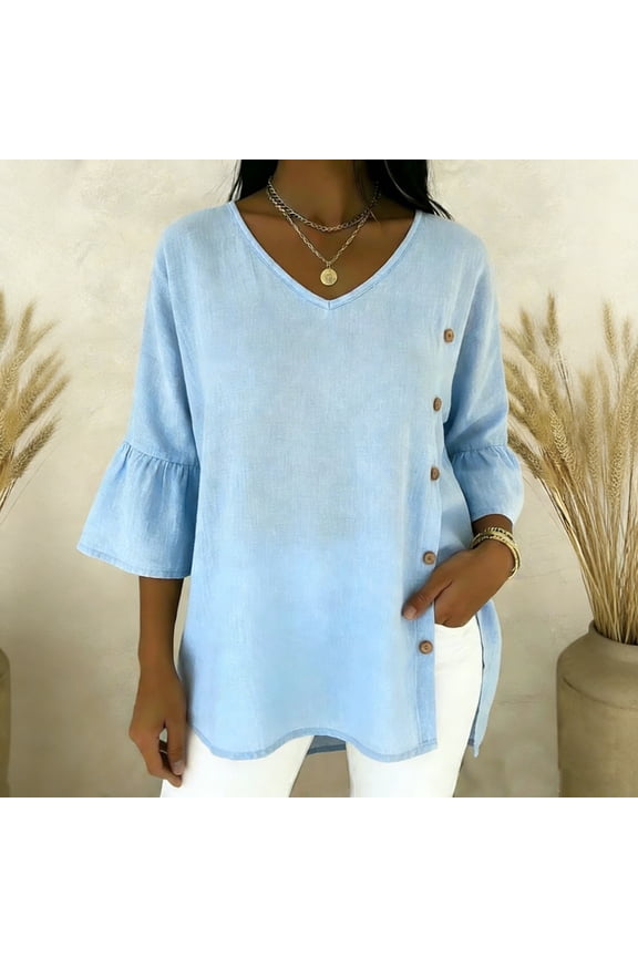 Tops Blouses Women's Fashion Button Up V Neck Loose T Shirt Lotus Sleeve Round Neck Cotton Linen Seven Quarter Sleeve Solid Color Button Front Relaxed Fit Blouse Top