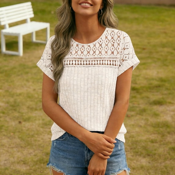 Dianli Tops Blouses Women's Fashion Pique Brushed Panel Lace Short Sleeve Loose T Shirt Solid Color Textured Panel Sandwashed Stitching Lace Trim Lightweight Breathable Casual Top