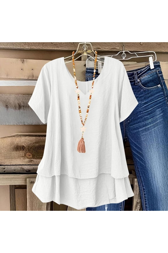 Tops Tees Casual Linen Double Layer Short Sleeve Button Tunic Top Cotton Linen Short Sleeved Solid Color Breathable Lightweight Relaxed Fit Summer Everyday Blouse Casual Shirt