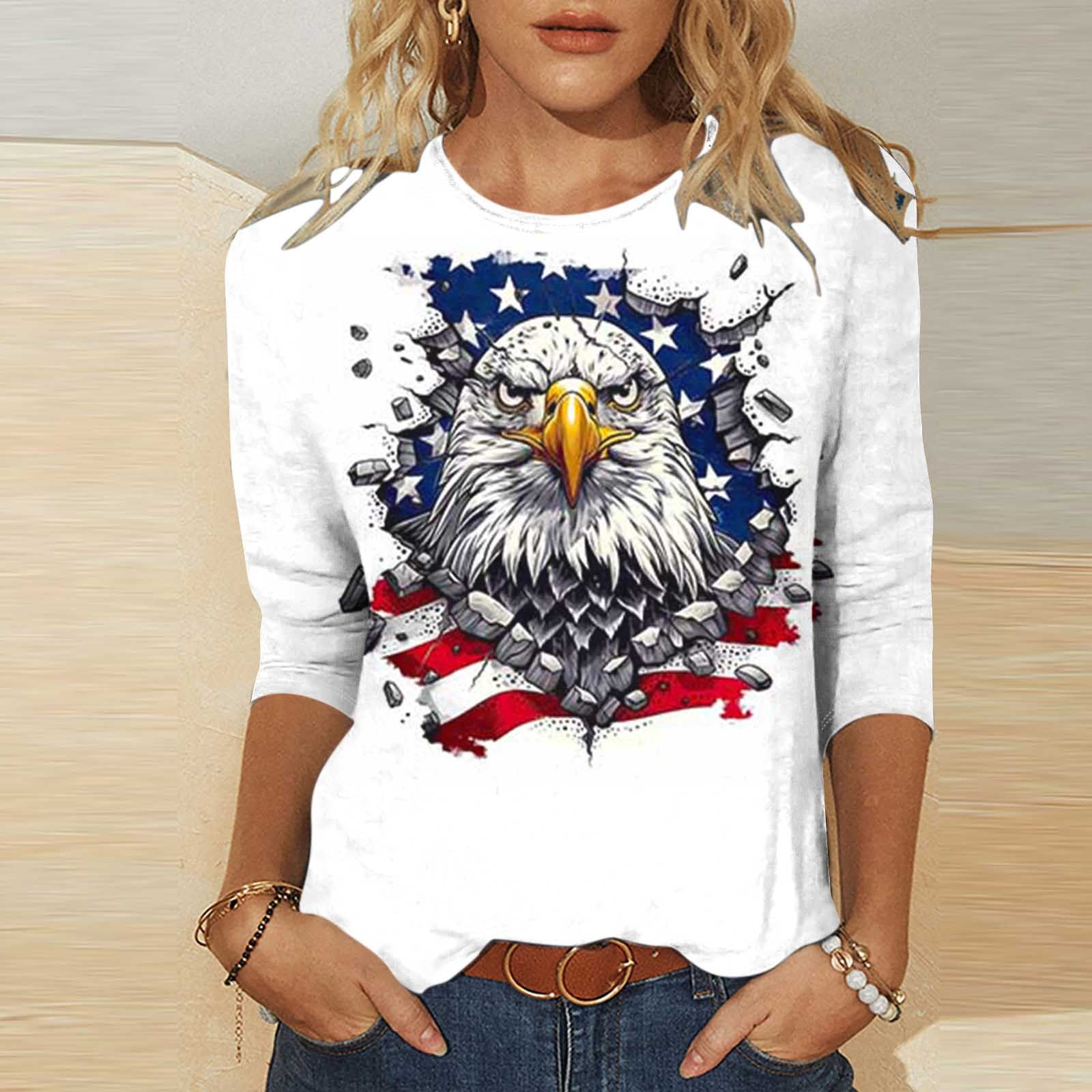CARCOS Women's Plus Size American Flag Top - Round Neck Keyhole, 3/4 Sleeve Tunic - View #10