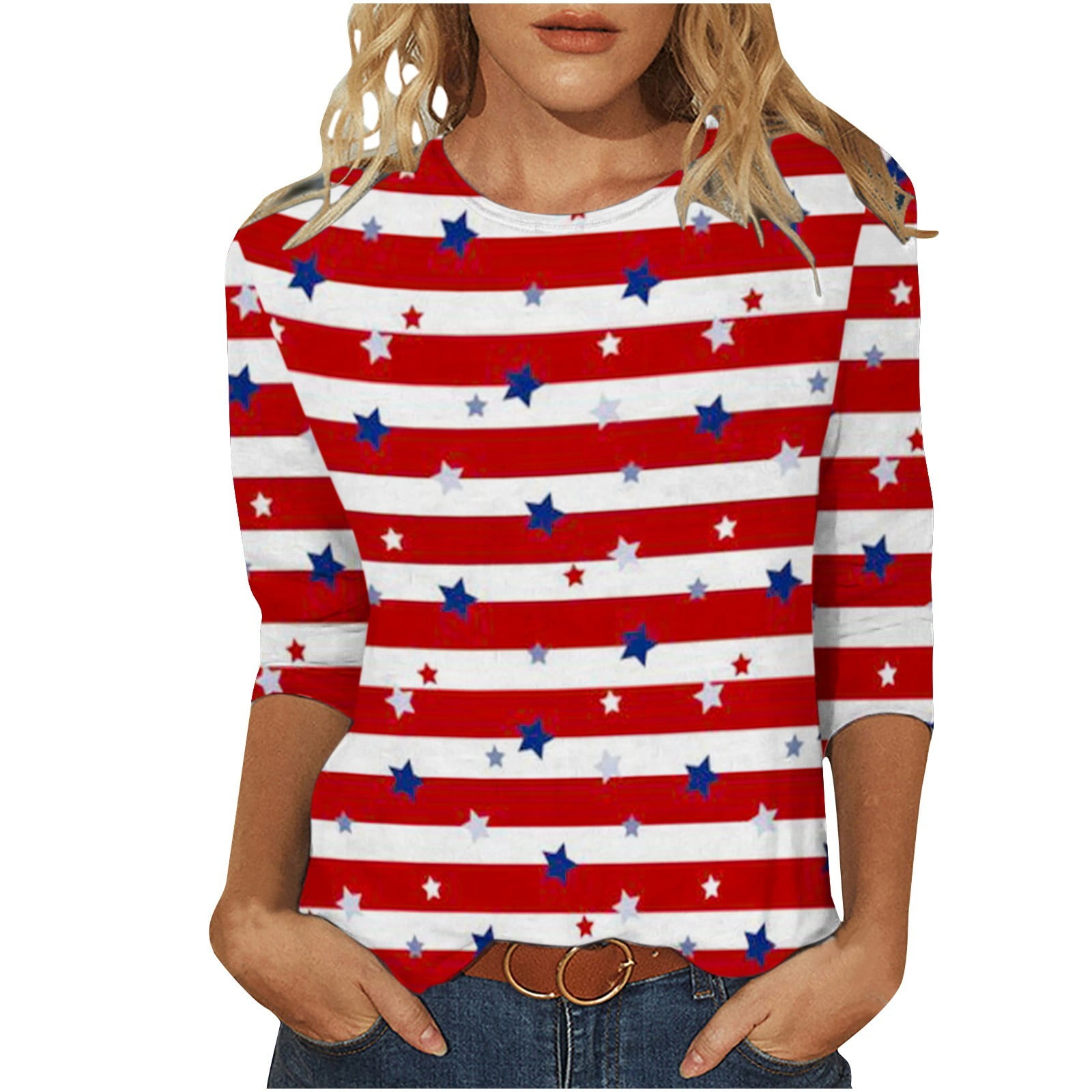 Dianli Usa Top Women Round Neck Tunic American Flag Star Striped Print ...