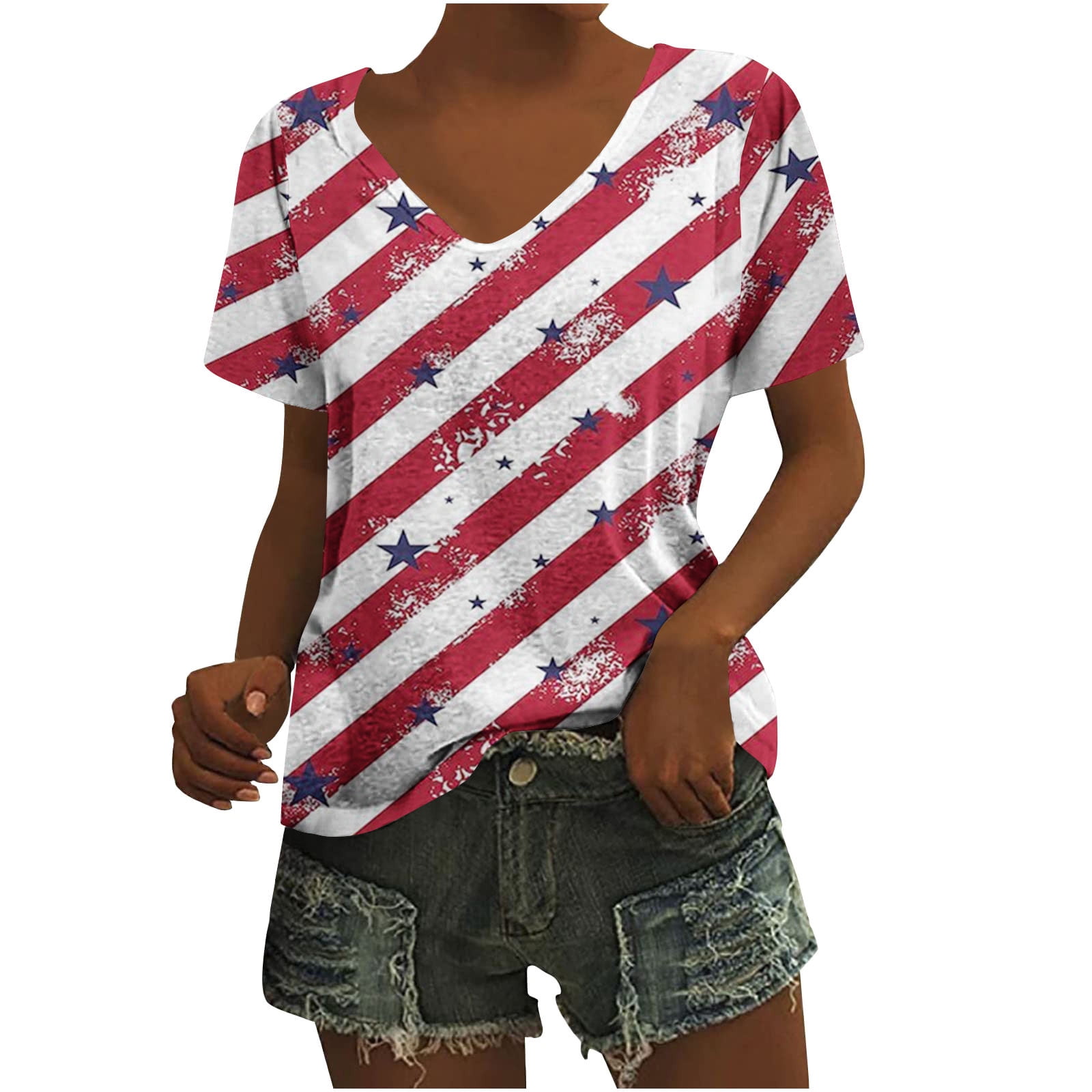 Dianli Usa Top Women V-Neck Tunic American Flag Star Striped Print ...