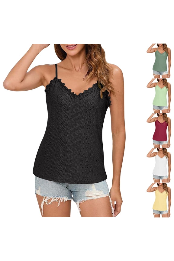 V‑Neck Hollow Lace Camisole Delicate Floral Trim Sheer Insets Soft Stretch Fabric Lightweight Breathable Feminine Layering Piece For Beach Brunch And Everyday Wear, Cami Top Green XXL