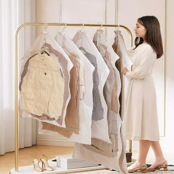 Dianli Vacuum Storage Bag for Hanging Clothes Down Jackets Coats Garment Organizer Space Saver Thickened Plastic Compression Bag Dust Moisture Proof 135x70cm White