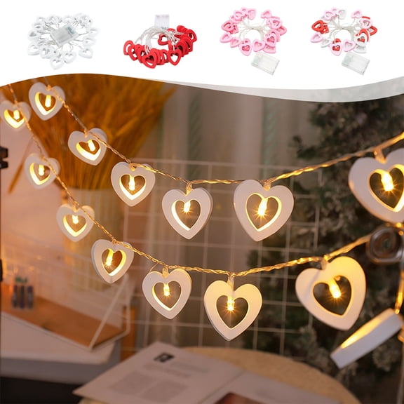Dianli Valentine's Day LED Heart String Lights Wooden Heart-Shaped Battery Operated Fairy Lights Rustic Warm White Glow Indoor Outdoor Garland Pendant Home Decor