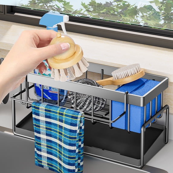 Dianli Wall Mounted Kitchen Storage Rack, Stainless Steel Organizer Shelf with Dishcloth, Sponge, and Water Filter Tray, No-Drill Installation, Space Saving, White/Gray, 9.05x4.13x3.54in