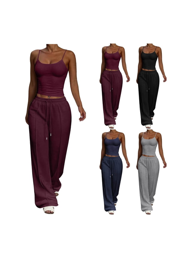 Women's Casual Solid Color Strap Top and Drawstring Elastic Waist Pants Two Piece Tracksuit, Knitted Ribbed Fabric, Fashion Athletic Loungewear or Workout Set Pink M