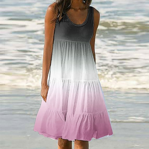 Dianli Women's Casual Summer 2024 Tiered Midi Dress Sleeveless Crew Neck Loose Ruffle Dress Smocked Elastic Waist Plus Size Boho Gradient Color Sundress