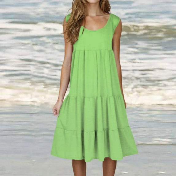 Dianli Women's Casual Summer 2024 Tiered Midi Dress Sleeveless Crew Neck Loose Ruffle Dress Smocked Elastic Waist Plus Size Boho Solid Color Sundress