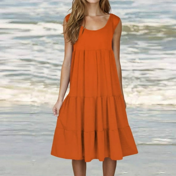 Dianli Women's Casual Summer 2024 Tiered Midi Dress Sleeveless Crew Neck Loose Ruffle Dress Smocked Elastic Waist Plus Size Boho Solid Color Sundress