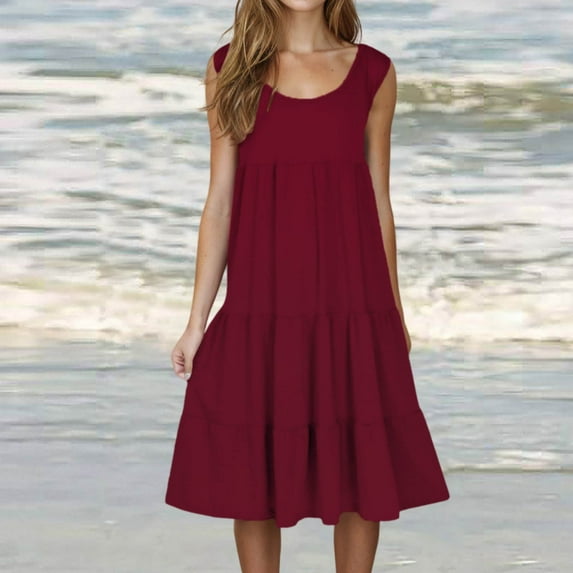 Dianli Women's Casual Summer 2024 Tiered Midi Dress Sleeveless Crew Neck Loose Ruffle Dress Smocked Elastic Waist Plus Size Boho Solid Color Sundress