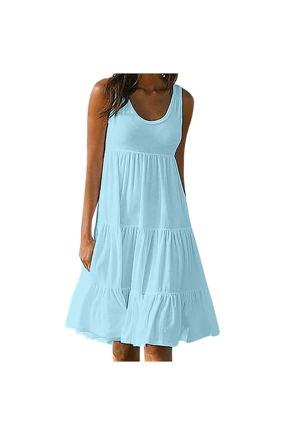 Women's Casual Summer 2024 Tiered Midi Dress Sleeveless Crew Neck Loose Ruffle Dress Smocked Elastic Waist Plus Size Boho Solid Color Sundress