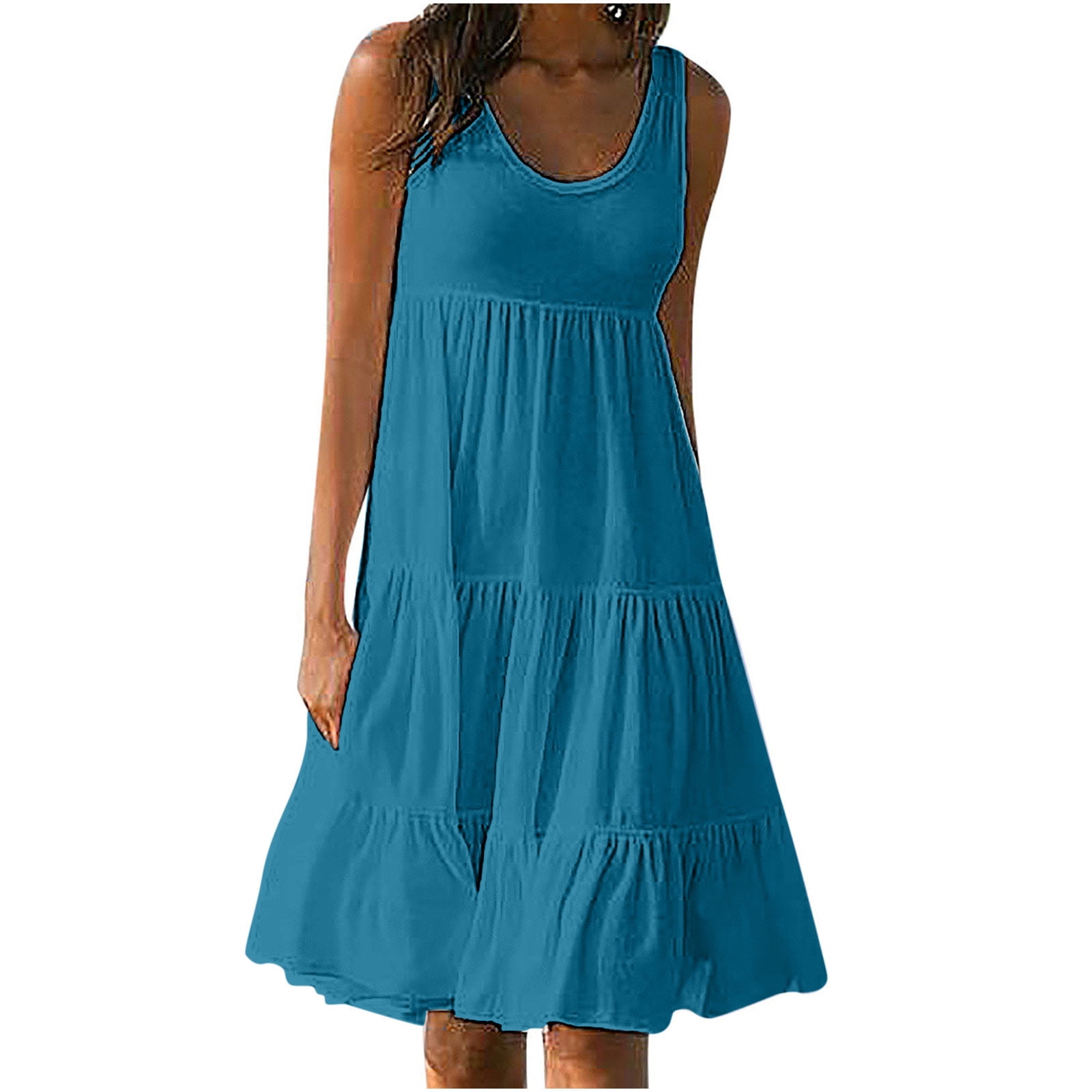 Ruffle Slv Smocked Solid Tired Dress