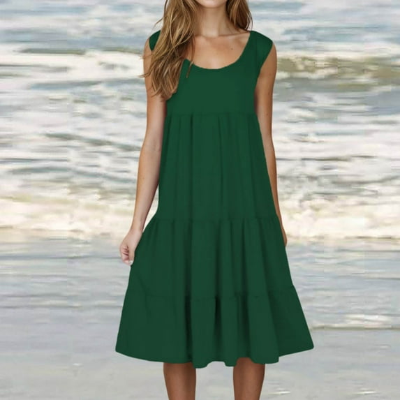 Dianli Women's Casual Summer 2024 Tiered Midi Dress Sleeveless Crew Neck Loose Ruffle Dress Smocked Elastic Waist Plus Size Boho Solid Color Sundress