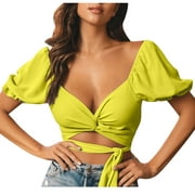 Dianli Womens Blouses and Tops Dressy Night Club Sexy Cut-out Going out Cropped Shirts Summer Solid Short Sleeve V-Neck Casual Shirts Yellow l