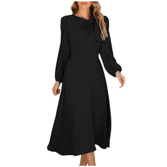 ZZwxWA Womens Dresses Round Neck Dresses for Women 2025 Fall and Winter New Slim Temperament Dress Womens Bubble Sleeve Pleated Front Knot Cute Party Sundress Pure Color Dresses On