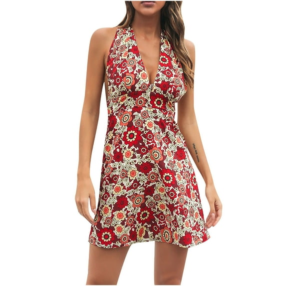 Dianli Womens Fashion Sleeveless Tank Vest Summer Beach Dress V Neck Oversize Floral Print Tunic Loose Mini Party Sundress Bodycon