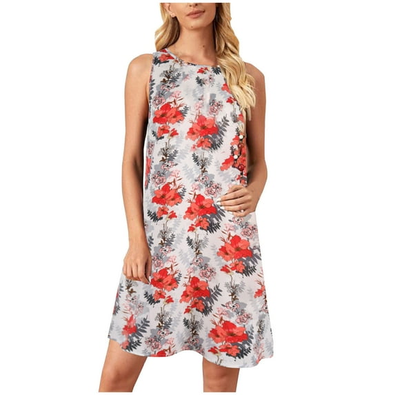 Dianli Womens Fashion Sleeveless Tank Vest Summer Beach Dress V Neck Oversize Floral Print Tunic Loose Mini Party Sundress Bodycon