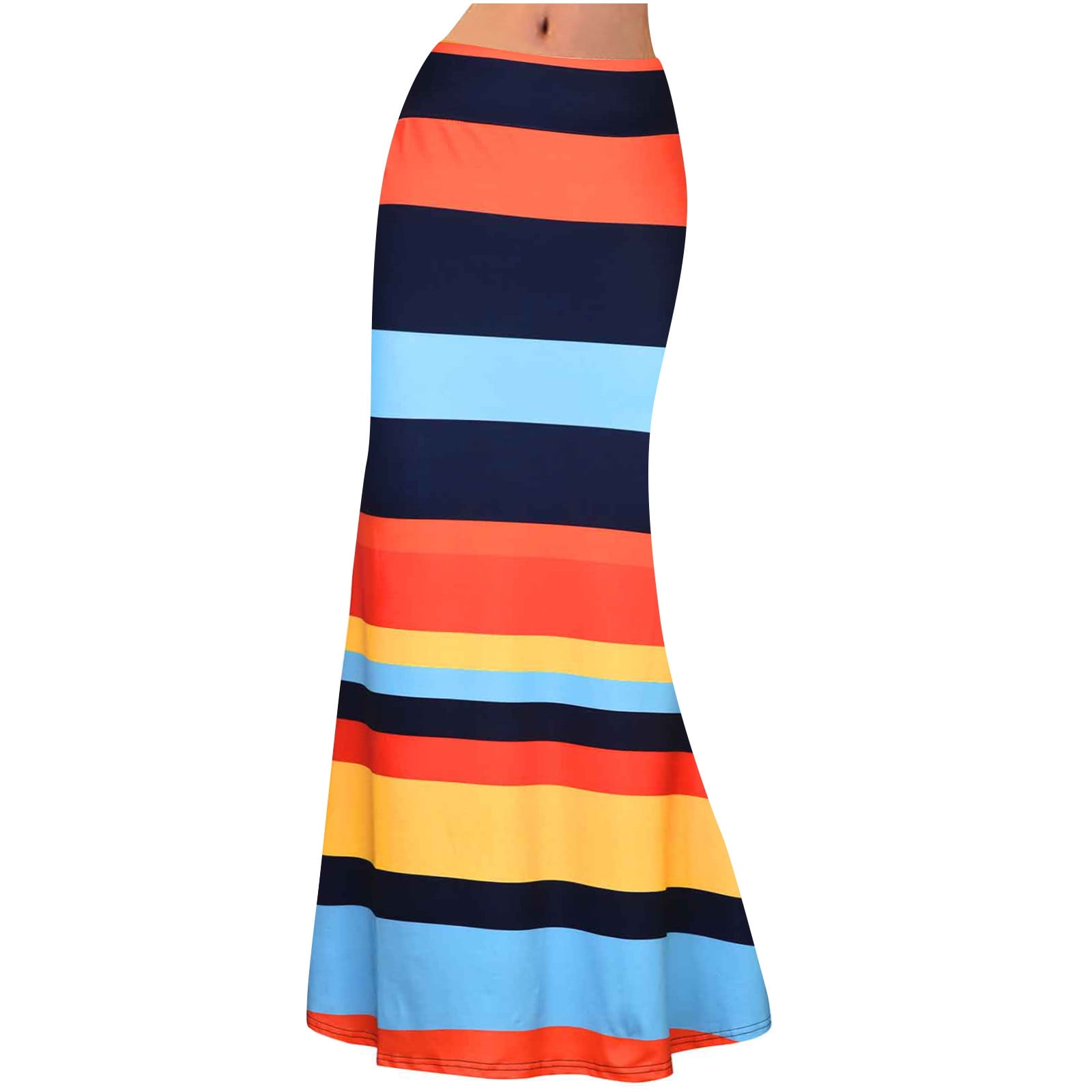 Dianli Womens Skirts Striped Print Maxi Summer Skirt High Waist Elastic ...