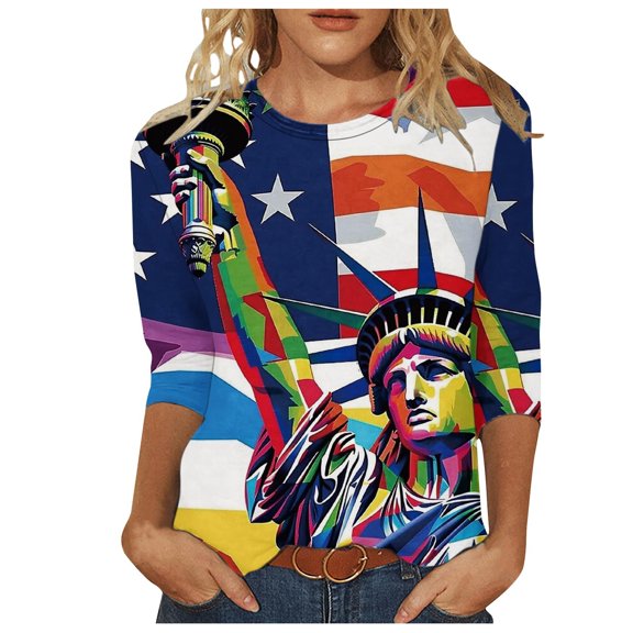 Dianli Womens Womens Blouses and Tops Dressy Women's 3/4 Sleeve Shirts Sunflower Print Round Neck Loose Tops Comfy Soft Blouses Summer Casual Pullover Patriotic Shirts 4th of July Tops