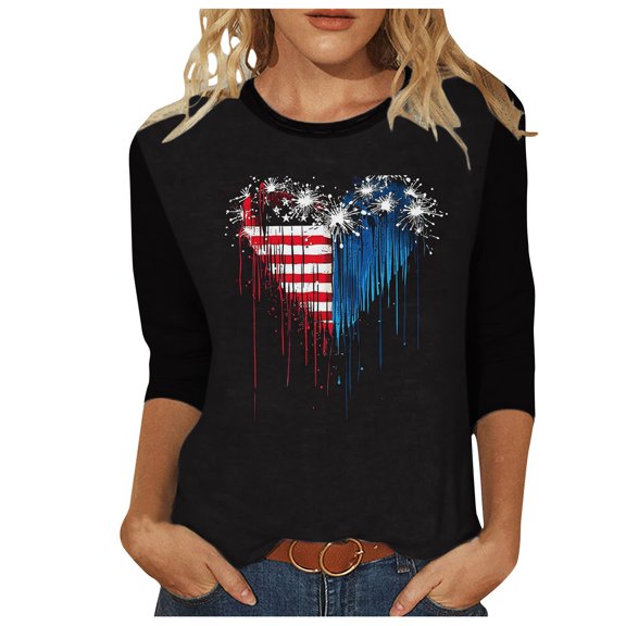 Dianli Womens Womens Blouses and Tops Dressy Women's 3/4 Sleeve Shirts Sunflower Print Round Neck Loose Tops Comfy Soft Blouses Summer Casual Pullover Patriotic Shirts 4th of July Tops