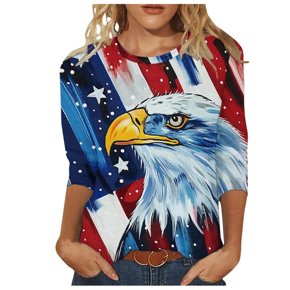 Dianli Womens Womens Blouses and Tops Dressy Women's 3/4 Sleeve Shirts Sunflower Print Round Neck Loose Tops Comfy Soft Blouses Summer Casual Pullover Patriotic Shirts 4th of July Tops