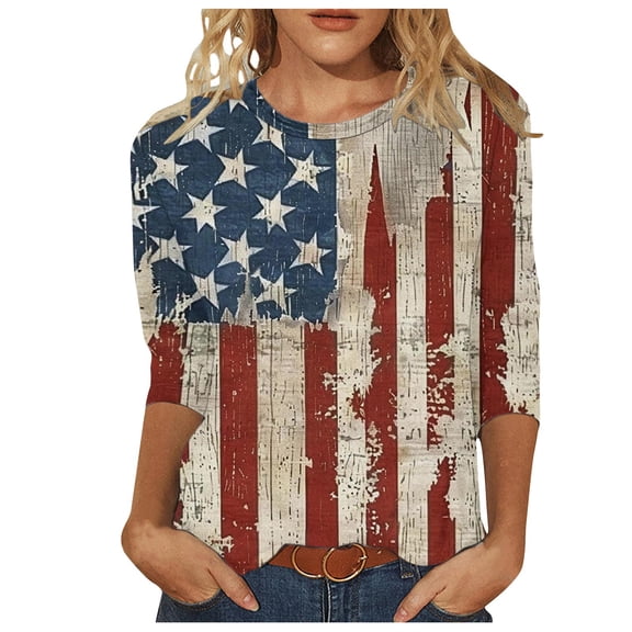 Dianli Womens Womens Blouses and Tops Dressy Women's 3/4 Sleeve Shirts Sunflower Print Round Neck Loose Tops Comfy Soft Blouses Summer Casual Pullover Patriotic Shirts 4th of July Tops