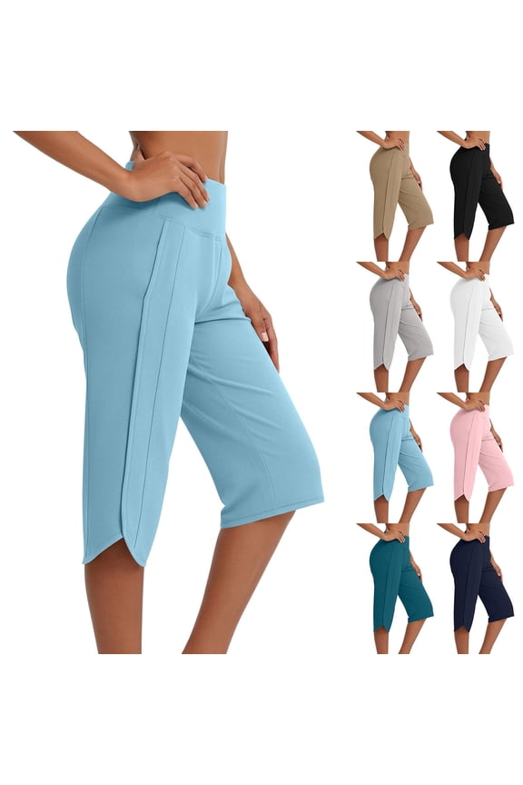 Yoga Pants Women Solid Color Pocket Casual Six Quarter Length Stretch Pull On Comfortable Workout Lounge Pants Versatile Fitness And Everyday Wear