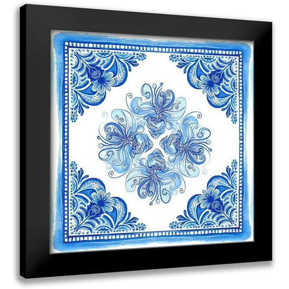 Diannart 15x15 Black Modern Framed Museum Art Print Titled - Artisan Tile Blue I