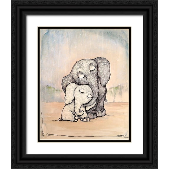Diannart 20x24 Black Ornate Wood Framed with Double Matting Museum Art Print Titled - Whimsical Mom and Baby Elephant