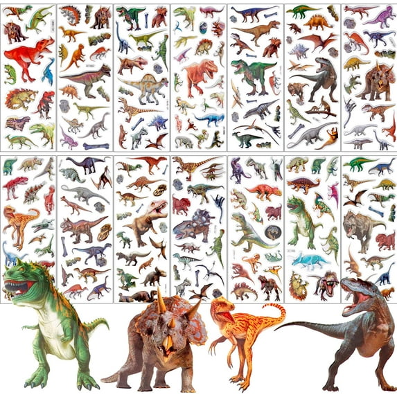 Dianosaur Stickers for Kids, JANYUN 14 Different Sheets 200+ Counts 3D Puffy Stickers Craft Scrapbooking for Children Dinosaur Lovers for Stationery, Luggage, Teaching Rewards