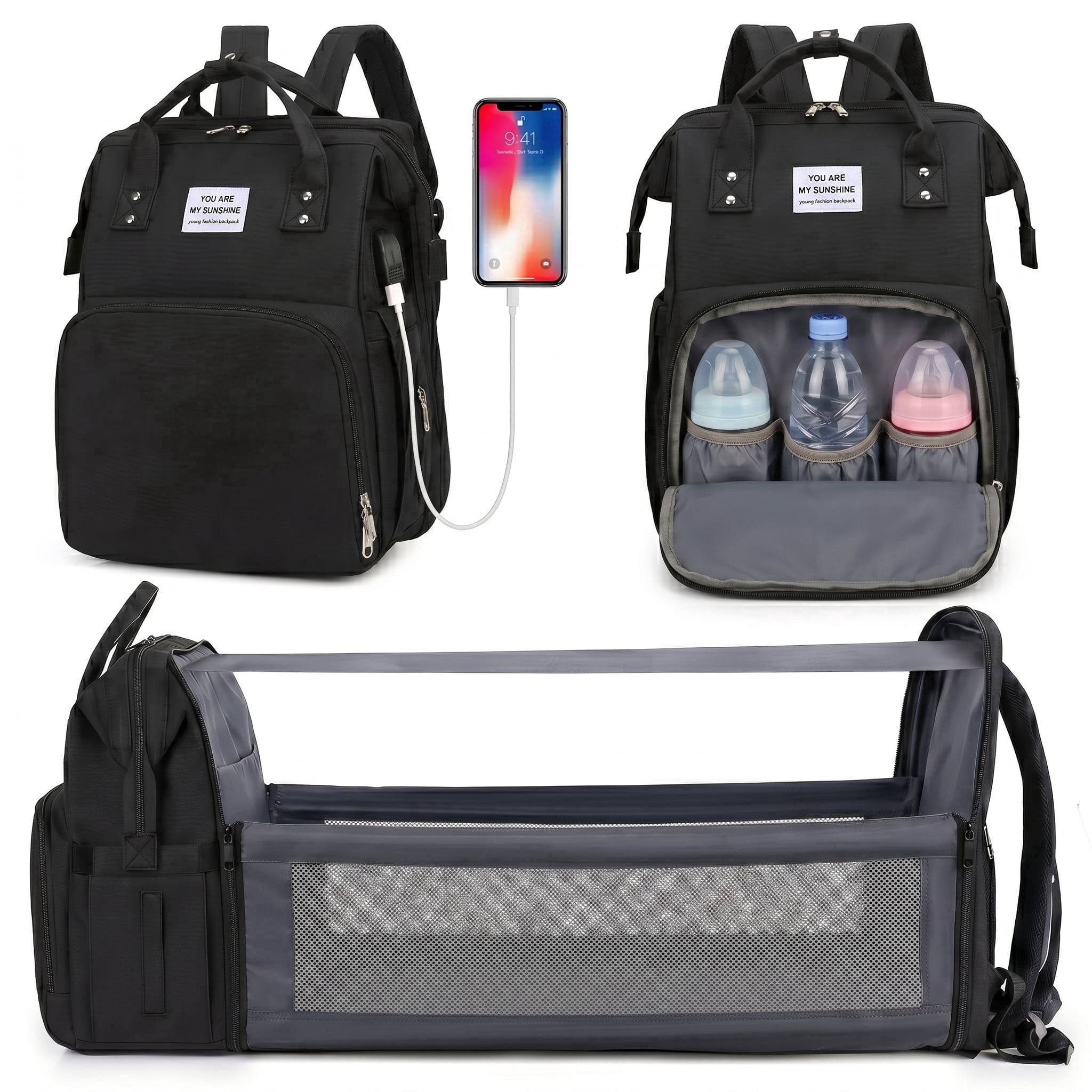 Diaper Bag Backpack with Changing Station, Waterproof Large Capacity Travel Baby Bag for Mom Dad, USB Charging Port, Baby Shower Gifts, Black